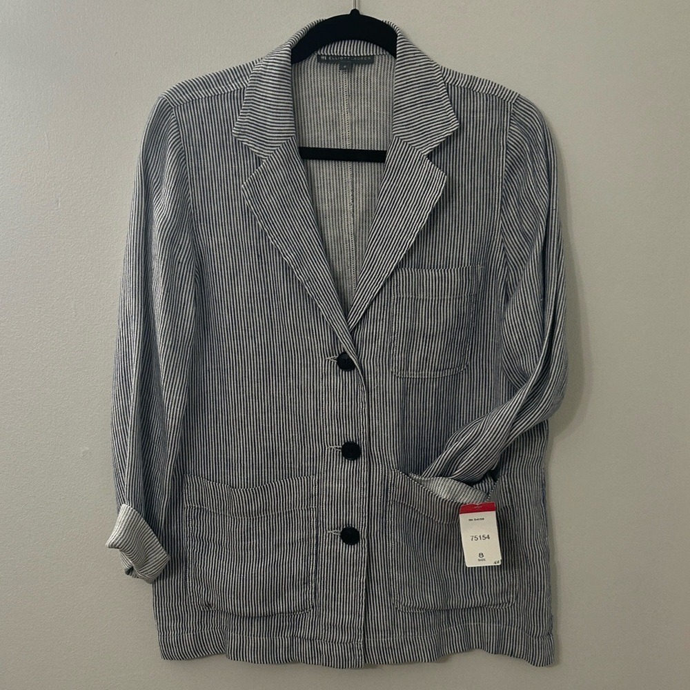Elliott Lauren Womens Blazer Blue &‎ White Button Front Striped Jacket NWT